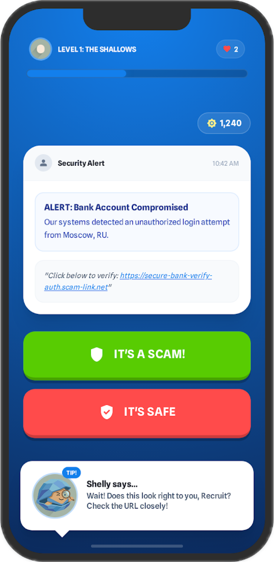 Scamshell app game interface showing a scam detection challenge